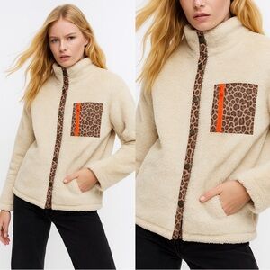 Sherpa Fleece Jacket with Leopard Print Trim & Orange Zipper Pocket Small